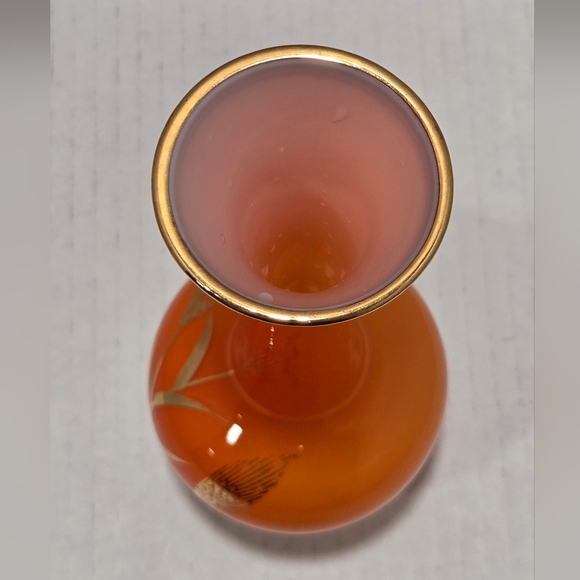 Vintage Orange Glass Bud Vase Gold Wheat Design - Picture 5 of 8